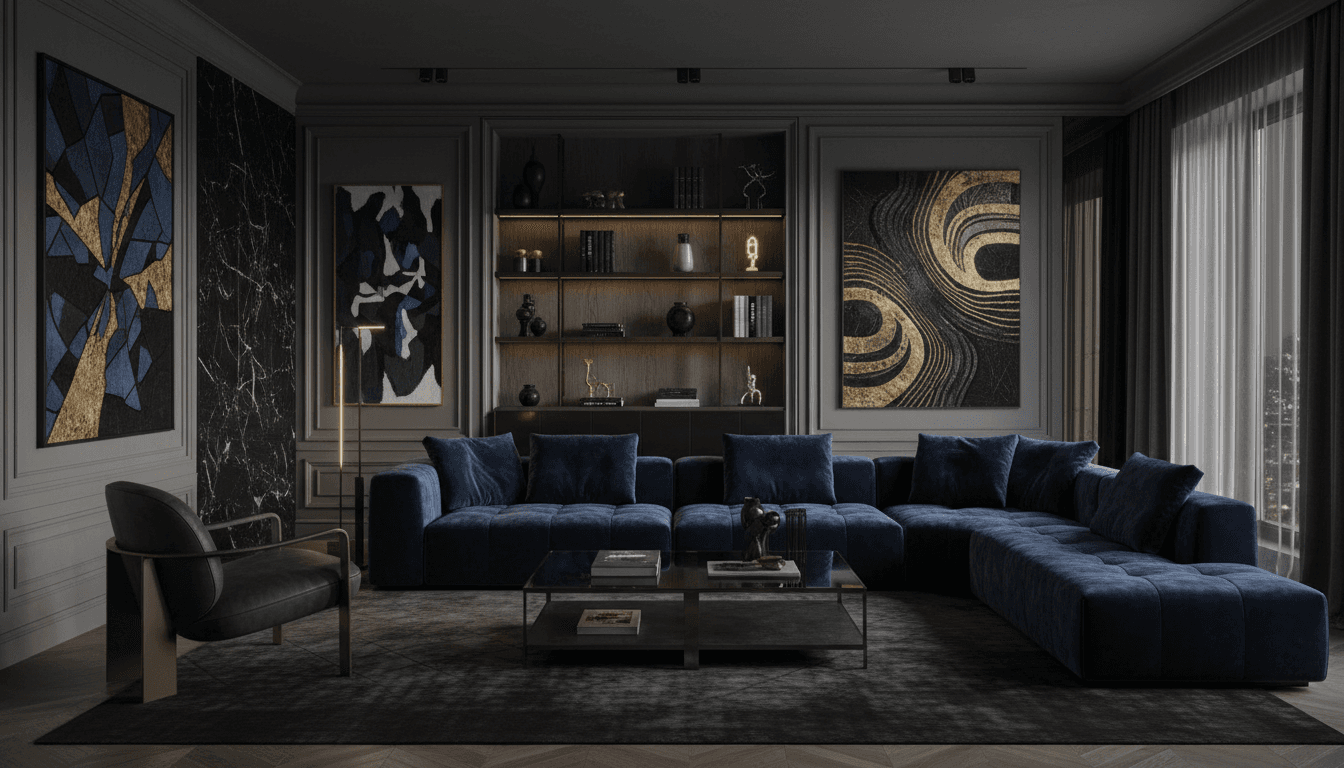 Luxurious interior with modern artwork and designer furniture in warm tones